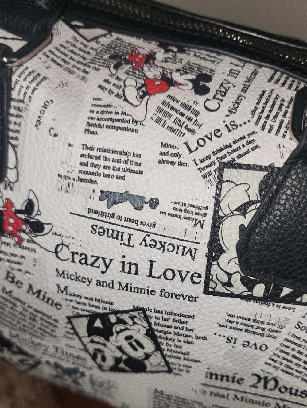 Mickey Minnie Newspaper Satchel Black White Crazy In Love Soulmate Disney Barrel